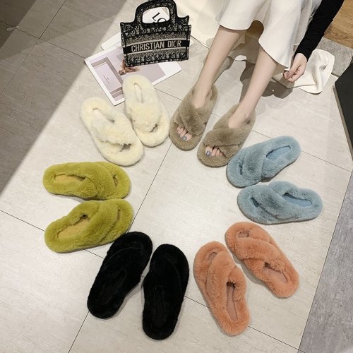 Women Wool Cross Flip Flops Platform Warm Fur Slippers K2031