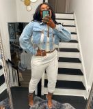 Women Sexy Backless Blue Jeans Jacket Chain Coats 997108
