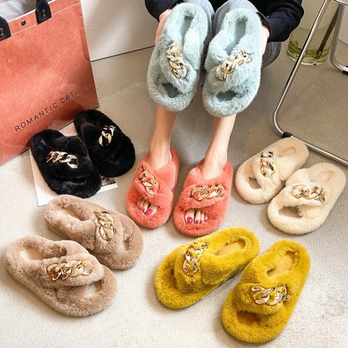 Women Platform Metal Button Fur Slippers Outdoor Slides C0617