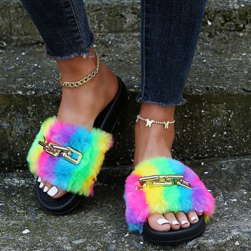Fashion Rainbow Chain Flat Bottom Women's Slippers 72738