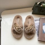 Women Platform Metal Button Fur Slippers Outdoor Slides C0617