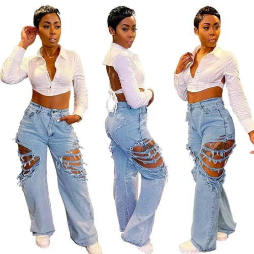 Blue High Pockets Hip Skinny Hole Pant Pants X113546