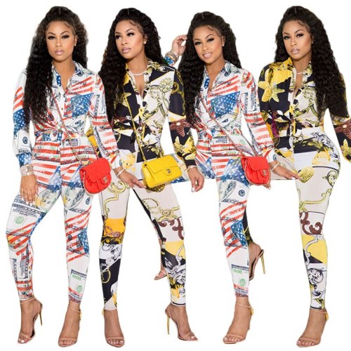 Women Fashion Print Two Pcs One Set Tops With Bottom Pants Outfit Outfits DY667384