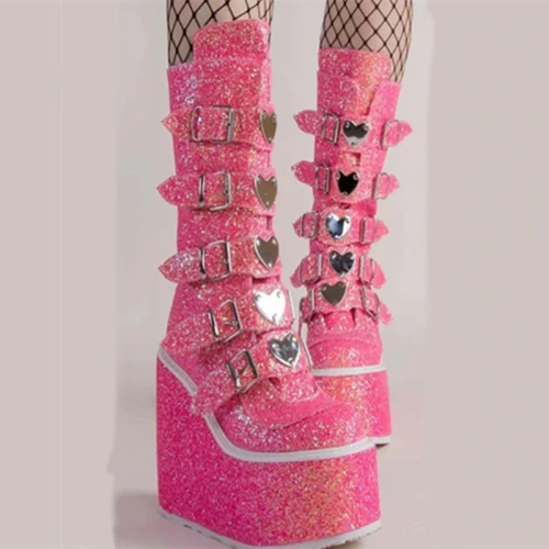 Women Fancy Glitter Buckle Strap Platform Boots K89910