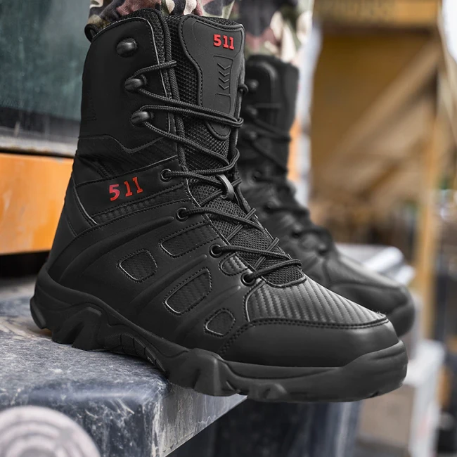 Black Comfort Zipper High Top Men's Hiking Tactical Boots 86778