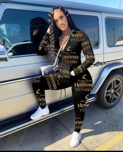 Autumn Women Zipper Printed Two Pcs One Set Tops With Bottom Pants Outfit Outfits TK614556