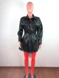 Women PU Leather Turn Down Collar Long Coats SJ331425