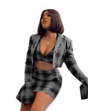 Women Sexy Deep V Neck Crop Top+Flare Sleeve Jacket+Party Club Mini Skirt 3 Piece Set