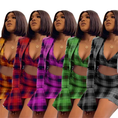 Women Sexy Deep V Neck Crop Top+Flare Sleeve Jacket+Party Club Mini Skirt 3 Piece Set