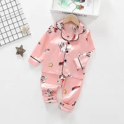 Children's Single-Breasted Two Pieces Ice Silk Pajamas