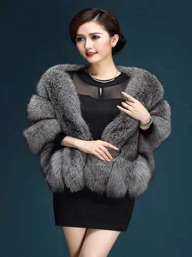 Women Bridal Shawl Faux Fox Fur Wrap Winter Coats 0039410