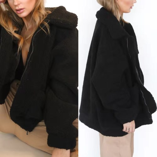 Women Zip Solid Cropped Red Faux Fur Jacket Coats 002334