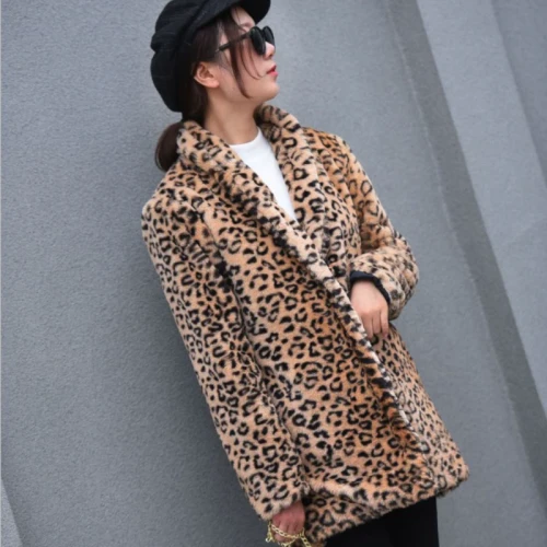 Women Winter New Leopard Print Long Faux Fur Jacket Coats 001324