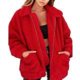 Women Zip Solid Cropped Red Faux Fur Jacket Coats 002334