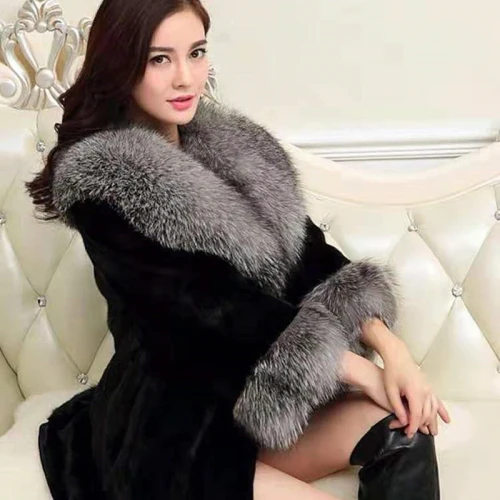 Women New Fashion Winter Faux Mink Fur Mid-Length With Fox Collar Coats 0049510