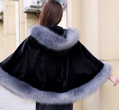 Women's Shawl Cloak Hooded Imitation Fox Fur Leather Coats 003748