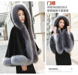 Women's Shawl Cloak Hooded Imitation Fox Fur Leather Coats 003748