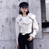 Women Lapel Long Sleeve Black Short PU Leather Jacket Coats
