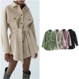 Women Fashion Leisure Simple Shirt Long High Waist Thin Belt Coats