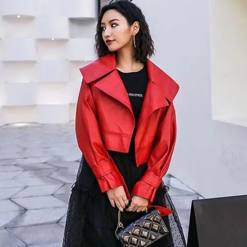 Women Lapel Long Sleeve Black Short PU Leather Jacket Coats