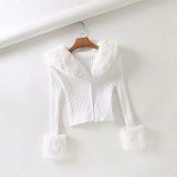 Women Long Sleeve Rabbit Fur Collar Knitted Coats