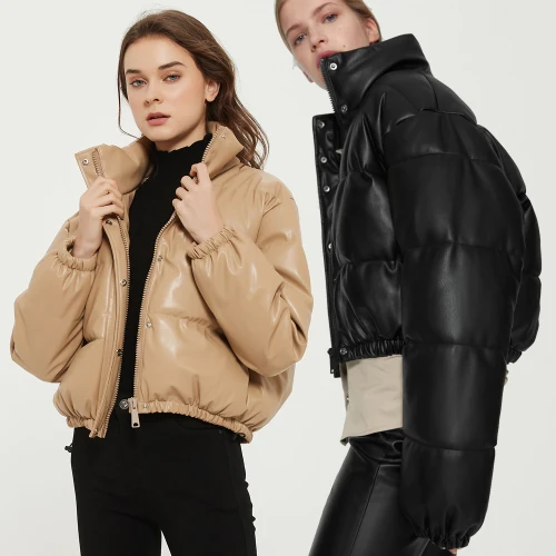 Women's Jacket Stand Collar Thick Warm PU Leather Winter Coats