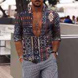 Men Fashion Long Sleeve Print Shirts Tops