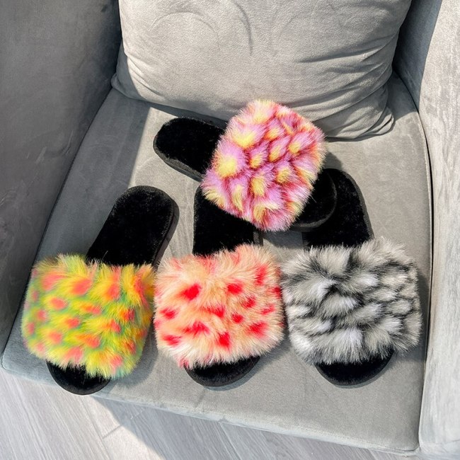 Women Summer Short Plush Fur Slippers Flats Outdoor Slides YM-553243