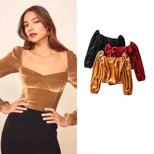 Vintage Sexy Women's Square Neck Long-sleeved Velvet Small Shirt Top YLX294-23589Z91425Z