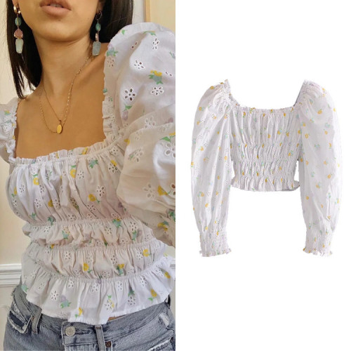 White Elastic Waist Women blouse Vintage Long Sleeve embroidery Tops GLD6273-56559610ZZ