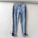Women High Waist Side Straps Hollow Jeans Pant Pants