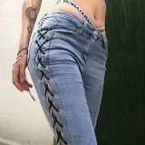 Women High Waist Side Straps Hollow Jeans Pant Pants