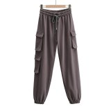 Women Pocket Elastic Waist Lace Up Street Sports Pant Pants