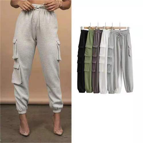 Women Pocket Elastic Waist Lace Up Street Sports Pant Pants