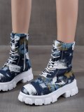 Fashion Women's Lace-Up Flat Platform Thick Mid Calf Boots F44556