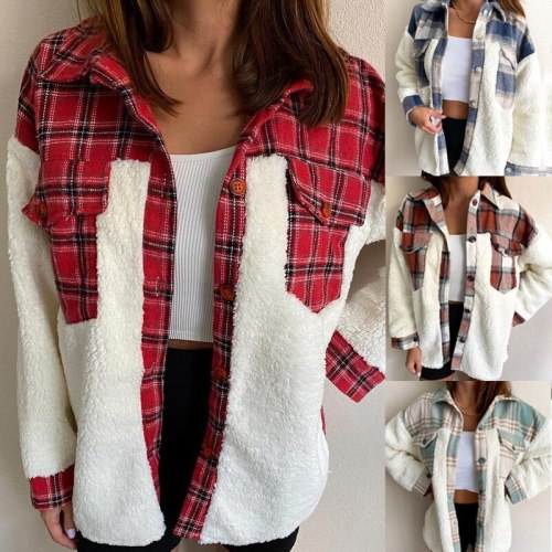 Women Single Breasted Autumn Warm Stitching Pocket Jacket Print Blouse Coats
