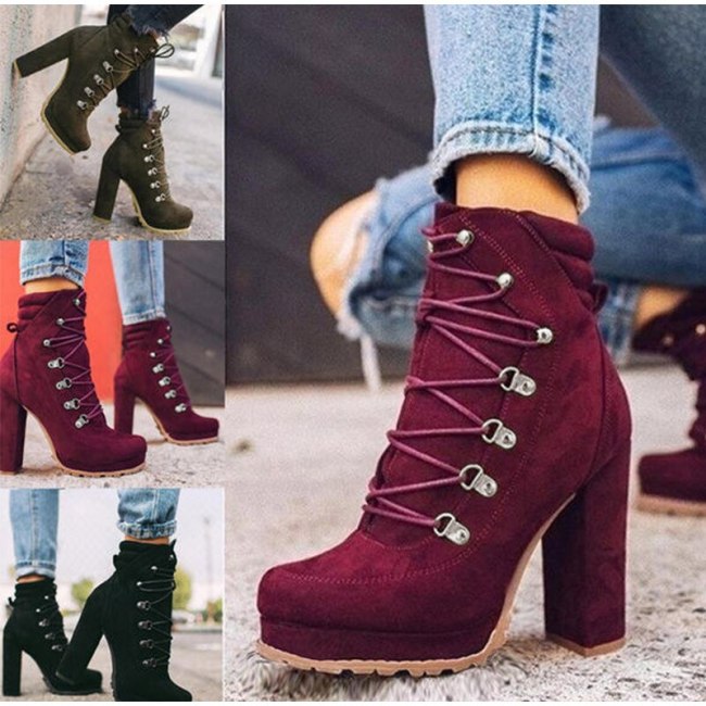 Women High Heels Flock Ankle Lace Up Boots Y1114152