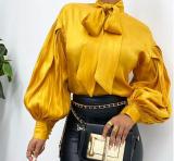 Women Solid Color Vintage Style Stand Collar Long Sleeve Shirt Tops FC81526