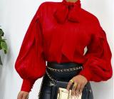 Women Solid Color Vintage Style Stand Collar Long Sleeve Shirt Tops FC81526