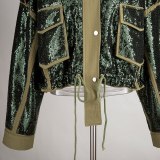 Women's Long Sleeve Patchwork Sequins Lace Up Coats OF1678293