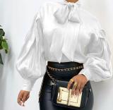 Women Solid Color Vintage Style Stand Collar Long Sleeve Shirt Tops FC81526