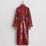 Women's Fashion Bright Face Waist Belt Mid Length PU Leather Coats TJA63201829