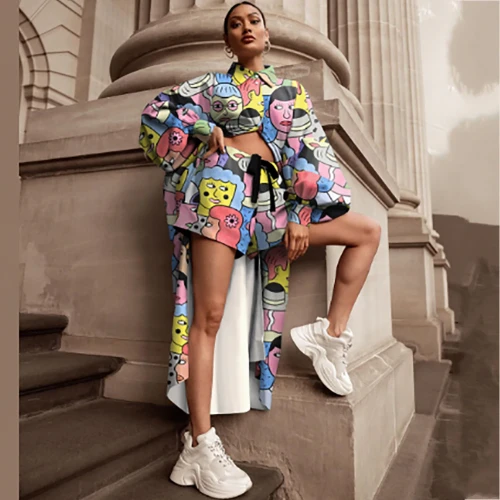 Women's Cartoon Print Two Pcs One Set Tops With Bottom Pants Outfit Outfits SQ328394