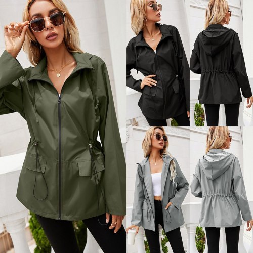 Women's Hooded Windproof Waterproof Raincoat Zipper Coats 932132