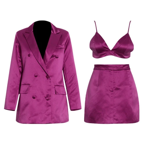 Women New Sexy Purple Three-piece Double-breasted Sets Skirt Blazer Suits CSE86454152