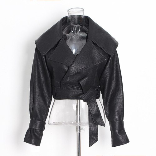 Women Faux Leather Jacket  Lapel Bow Short Coats OF003849