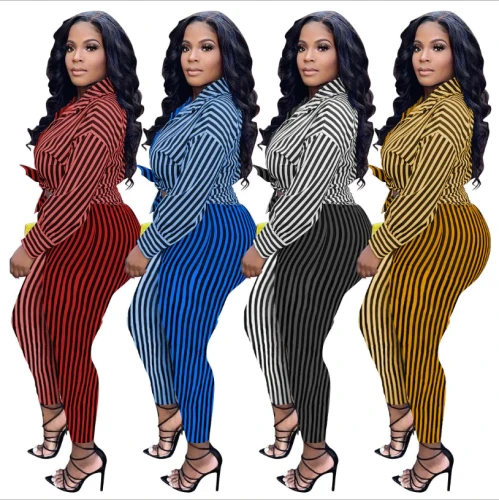 Fashion Women Striped Two Pcs One Set Tops With Bottom Pants Outfit Outfits M657586