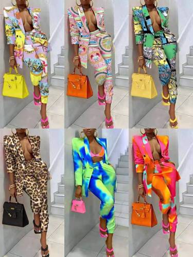 Women Print Two Pcs One Set Tops With Bottom Pants Outfit Outfits S73041