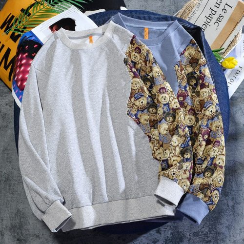 Autumn Men Stitching Loose T-Shirt Bear Tops t224657