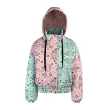 Fashion Cashew Color Matching Printed Stand Collar Hooded Bubble Coats LS21349510PF